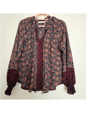 Women Long Sleeve Floral Print Tie Neck Boho Blouse, S, Multi